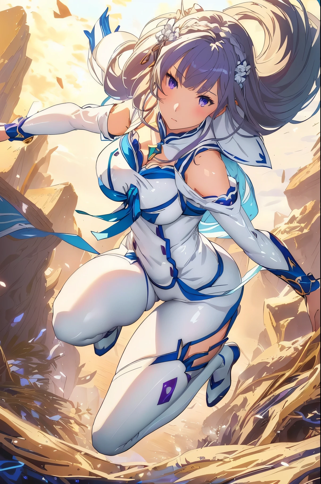 Emilia re:zero, purple eyes, Emilia, crown braid, x hair ornament, flower hair ornament, white hair, long hair, medium breasts, tight bodysuit, semi transparent, anime girl with big ass in blue and white outfit, beautiful anime girl squatting, thick smooth warframe thighs, biomechanical oppai, smooth anime cg art, seductive anime girl, beautiful alluring anime woman, portrait knights of zodiac girl, knights of zodiac girl, chun li, azur lane style, female action anime girl, ayaka genshin impact