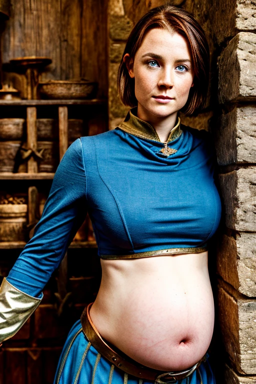 attractive medieval warrior woman, circa 1500s, inside castle on scotland countryside, short brown hair, blue eyes, midriff, pregnant belly, huge hips, blacksmith