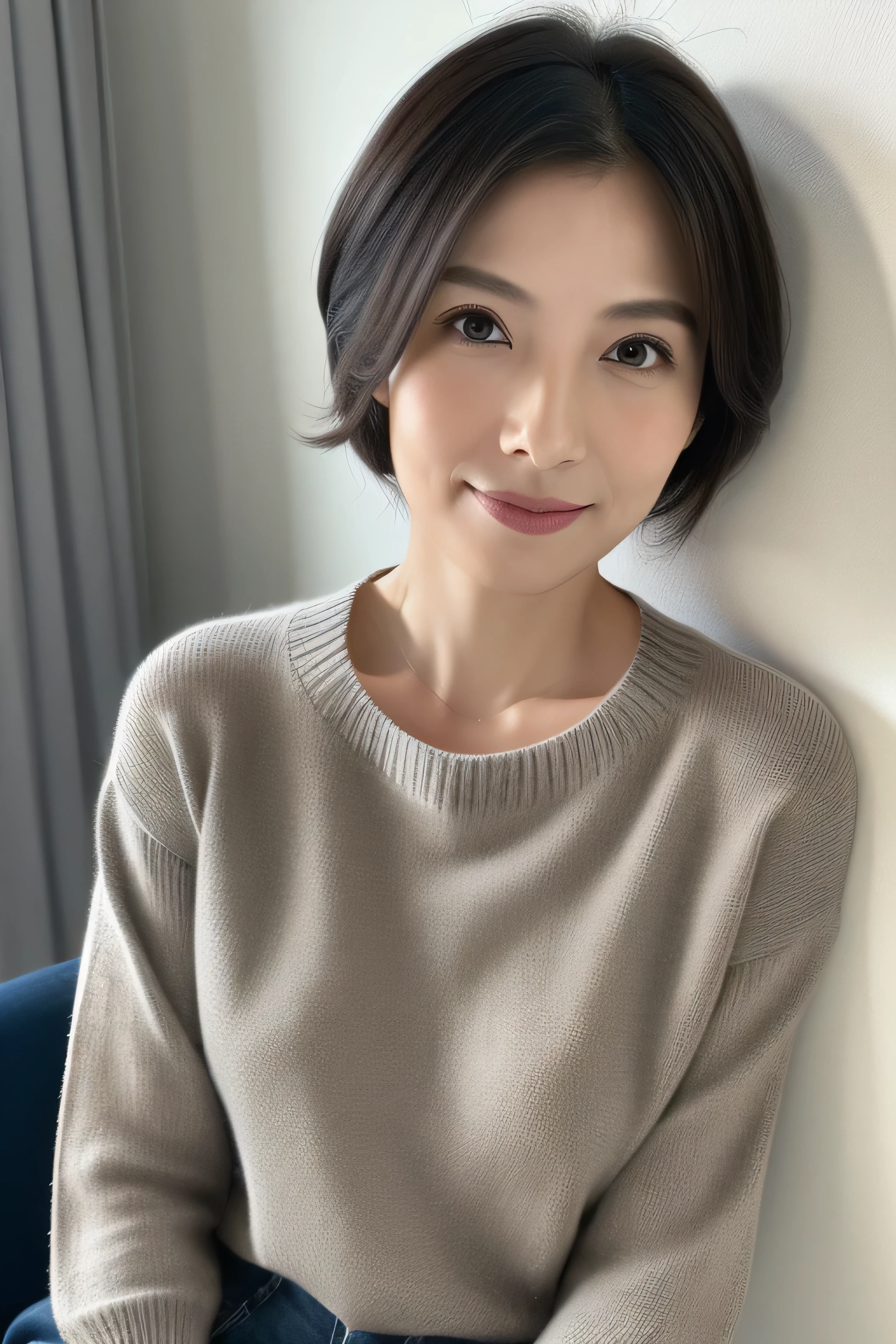 (Very detailed CG Unity 8K wallpaper,Tabletop, highest quality, Very detailed, Looking at the camera:1.2, Light on the face:1.5, Gray background, Professional Lighting), Residing in Japan30Old woman、short hair, Black-haired, Fuller facial contours:1.5, (Thin eyebrows:1.25), Big, bright eyes, Nose is too small, Soft mouth, Physically slim, (Wear a shirt under your sweater), Impression of sincerity, Noble Mix Modification v3.0