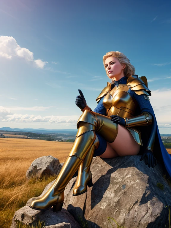 (masterpiece, top quality, best quality, official art, detailed:1.2), queen_meve, solo, blue eyes, blonde hair, gloves, sitting, boots, outdoors, sky, cloud, cape, armor, grass, rock, armored boots, 1girl