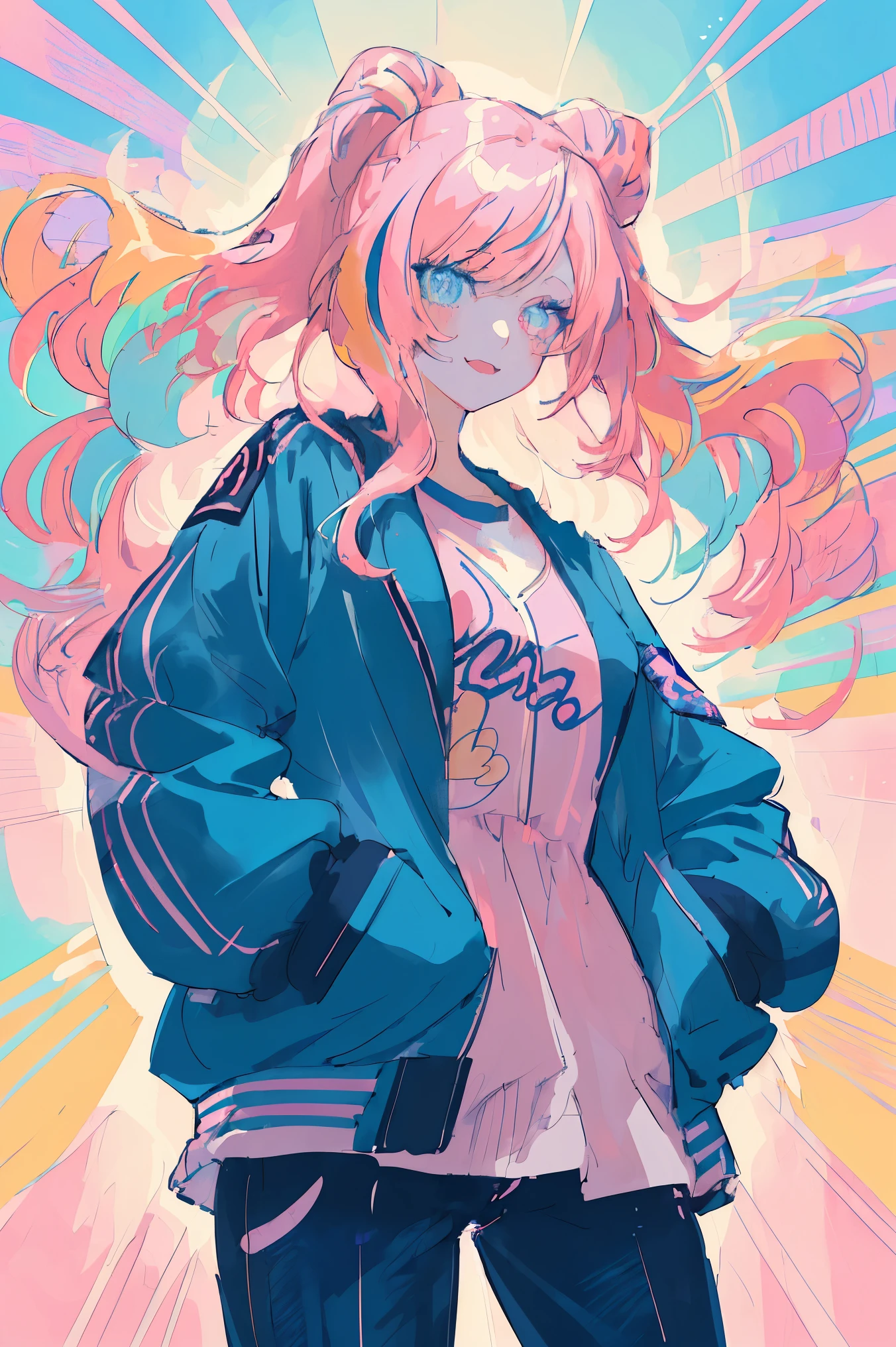 1 Girl,anime,Portraiture,Colorful Hair,Colorful jacket,Hands in pockets,Kemomimi,Beautiful fine details,Beautiful lip detail,Beautiful medium-long hair,Vibrant colors,Playful expressions,Moderate:anime-style,Soft pastel tones,Soft lighting,Gorgeous Background,Sparkling eyes,Fun and upbeat atmosphere