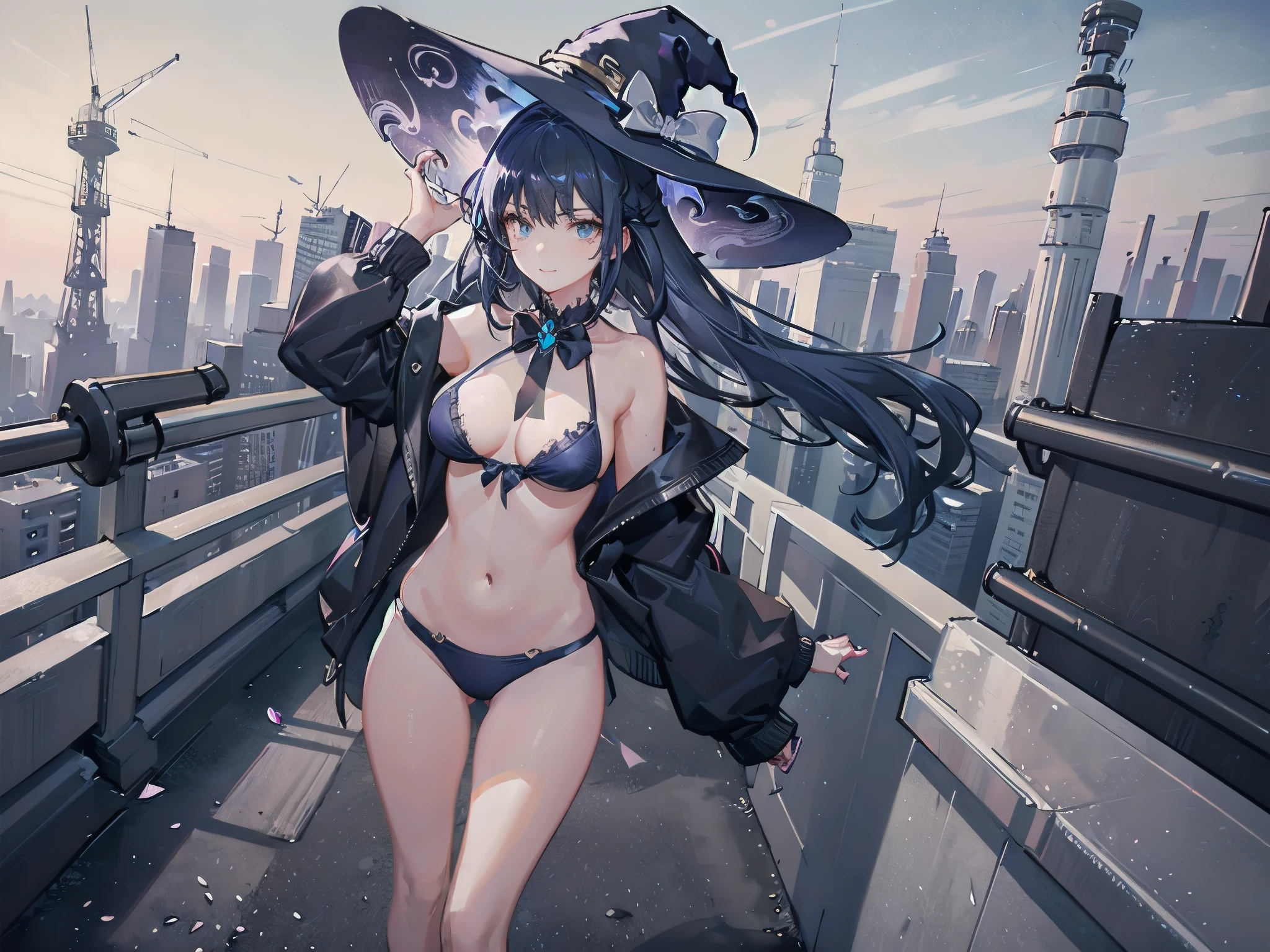 A girl stands on the rooftop of a high-rise building with a panoramic view of late-night Tokyo below.、She has a short bob with a white lob of hair and wears a large black witch hat with sapphire jewelry.、A high school student wearing a navy blue bikini-type swimsuit with a white ribbon、She wears a large witch&#39;s hat with a small sapphire accessory、A few star creams、Beautiful starry sky、Beautiful night view、large witch's hat 、Navy blue bikini pants that dig into your stomach、Small breasts、Small breasts、Navy blue swimsuit top with white frills、I see my stomach、The area around the stomach is bare skin.、Belly button、Halterneck bikini、She is wearing hot pants