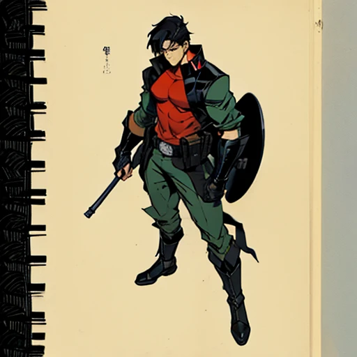 ((manga style,concept art)),young man with short black hair ,Soldier hat , super hero 