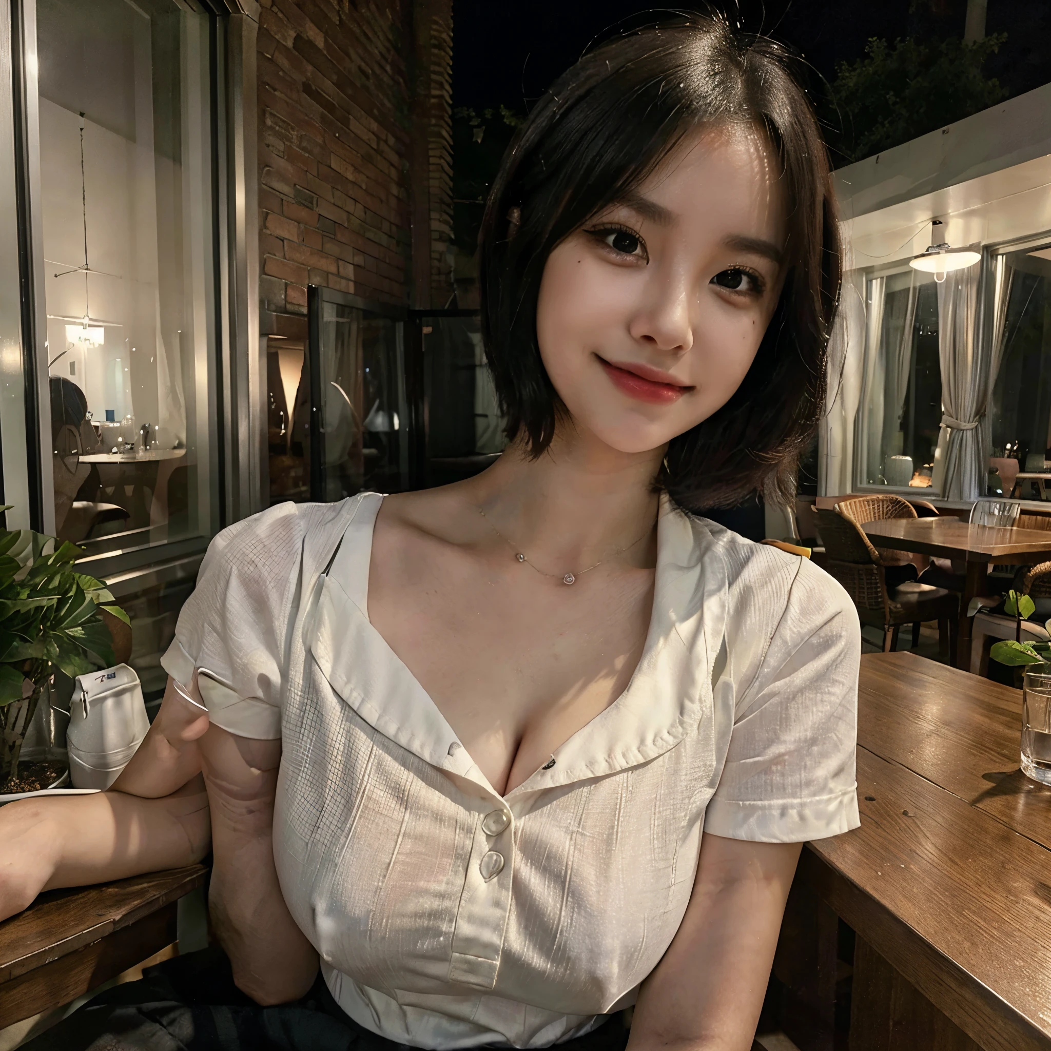 (8k, RAW photo, best quality, masterpiece:1.2), (realistic, photo-realistic:1.37), ultra-detailed,
1 girl,cute, solo,beautiful detailed sky,detailed cafe,night,sitting,dating,(nose blush),(smile:1.1),(closed mouth),large , seductive smile, large aparture, professional lighting, Sony A7R4, Zessie 50mm F1.8,
medium breastsful detailed eyes,(collared shirt:1.1), bowtie,pleated skirt,(short hair:1.2),floating hair