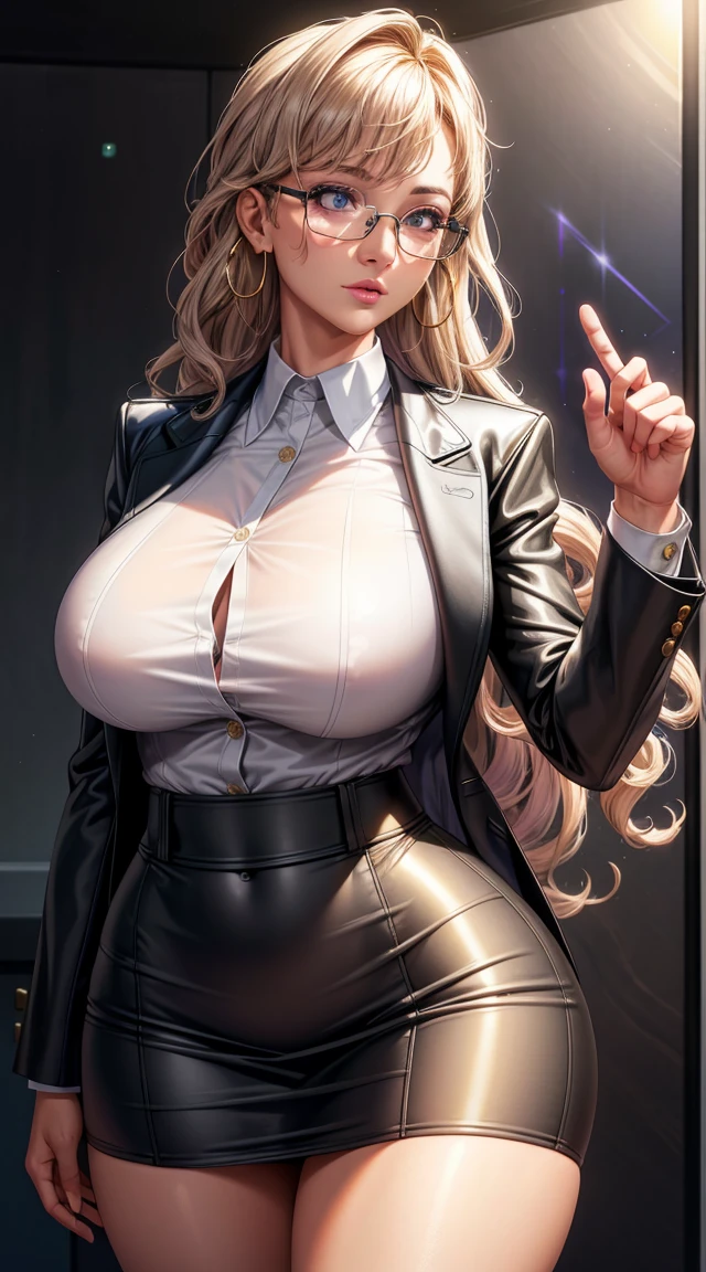 (best quality:1.5, highres, UHD, 4K, detailed lighting, shaders), gold curly haired, gradient hair, large breasts, suit, gray shirt, social shirt, short skirt, mature woman with glasses, perfect fingers, (pov), white background, colorful eyeshadow, dramatic lighting, sparkling eyes, sensual expression, golden earrings, flowing hair, delicate facial features, dark skin, high cheekbones, urban setting, white background, dont look for the camera, lean forward, ( pose : behind the camera)