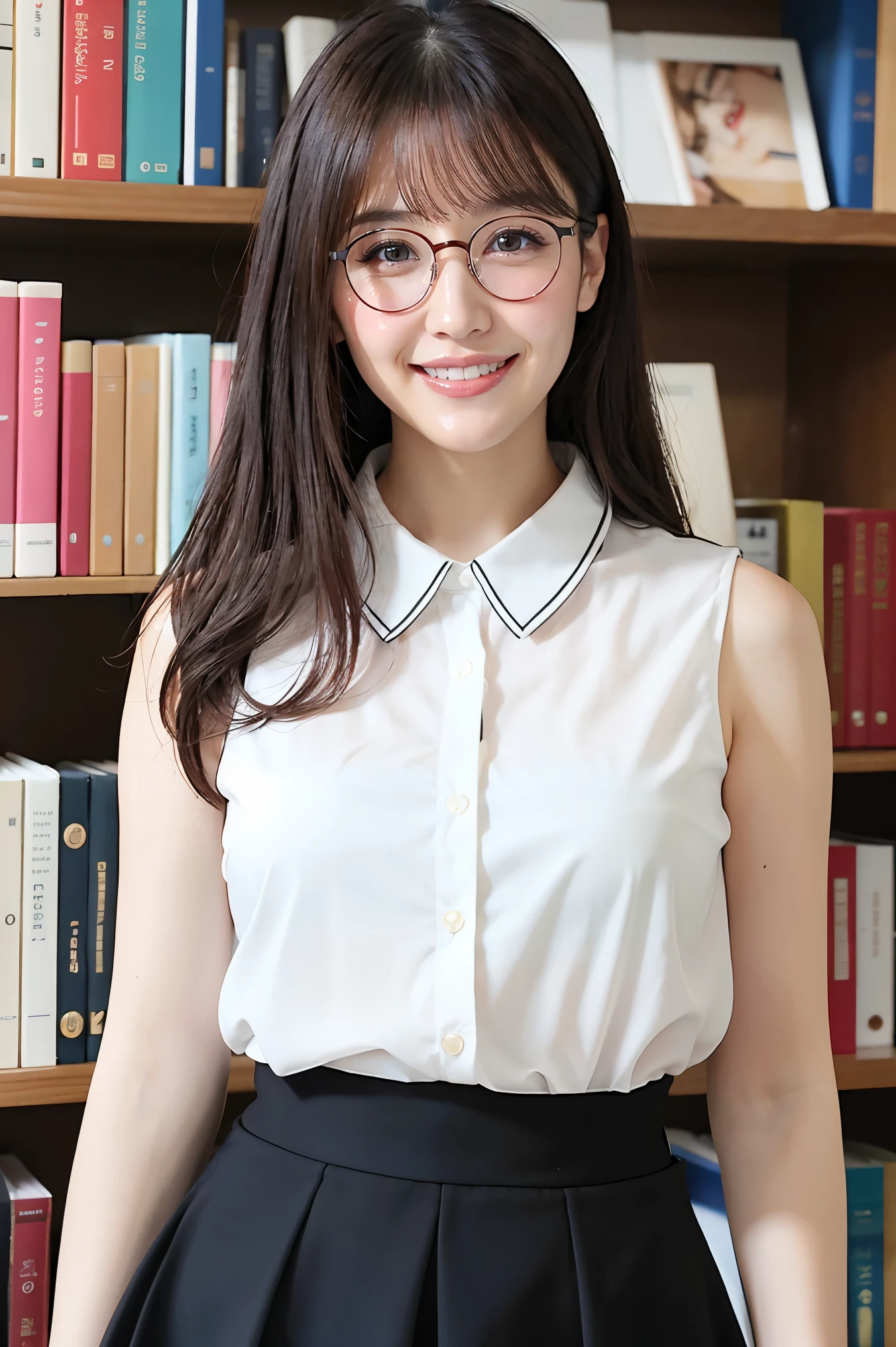 (highest quality、Tabletop、8k、Award-winning works、Ultra-high resolution、Best image quality)、One beautiful woman、(White polyester sleeveless、Blouse with buttoned collar:1.3)、(Elegant black tight skirt:1.1)、(Large Breasts:1.1)、(Elegant round glasses:1.2)、library、(Standing Elegantly:1.1)、(Strongly blurred background:1.1)、Stand next to a bookshelf、(Perfectly organized bookshelf:1.1)、Bookshelf in the background、居心地の良いlibrary、lipstick、Long eyelashes、Heavy makeup、Perfect Makeup、Colored contact lenses、Accentuate your body lines、Soft and warm lighting、Detailed bookshelf、(Ultra-high resolutionの正確な美しい髪:1.1)、(Accurate anatomy:1.2)、Ultra-high definition beautiful eyes、(Super bright and radiant skin:1.1)、Biggest Smile、Smile widely and show your teeth
