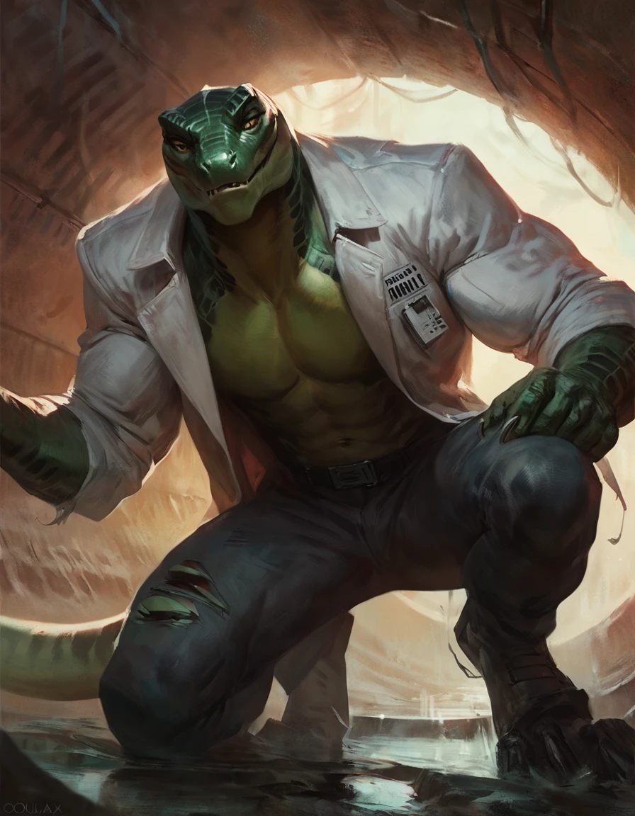 The lizard from spiderman, muscular, sewer, torn pants, torn lab coat, ferocious, concept art, hi res, masterpiece, absurd res, 2023, extreme detail, solo, by nomax, by oouna, by darkgem,