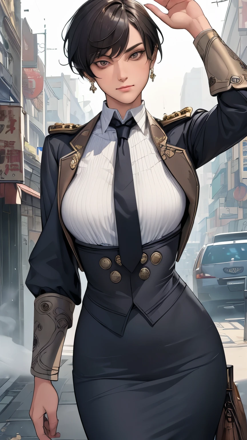 tmasterpiece, Best quality at best, ultra - detailed),(1个Giant Breast Girl), eBlue eyes, short detailed hair, brunette, dynamic angle, dynamicposes, natural lightting, floating, (Colorful tops:1.2|Black top), (leotard skirt:1.2|leather pant:0.9), (silver bracelet:1.2|Wrist watch), (nature backdrop:0.8| view over city), (Smiling:0.8| serious expressions), (light in hair), Many droplets:0.8