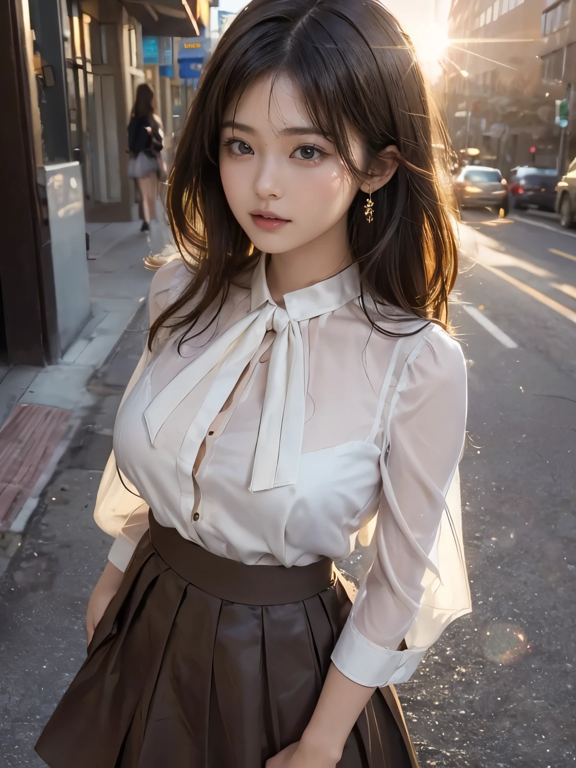 (a westerner woman), round face, (((see-through sunlight her clothes, blouse, skirt))), spread legs, angle from below, (((lens flare))), strong sunlight, downtown, on the sidewalk,