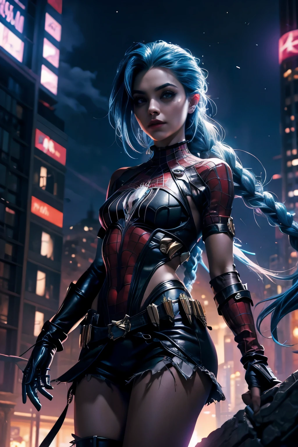 Jinx con pelo celeste, vestida de spider man. Super heroina. Ciudad de noche metropolis
