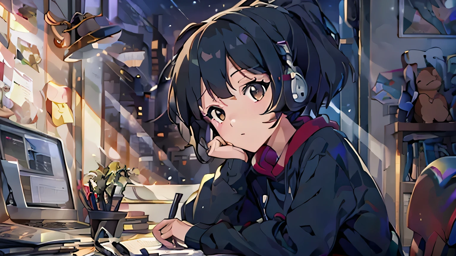 (best quality:0.8),(best quality:0.8),perfect anime illustration, high resolution, black-haired girl wearing a black hoodie, sideways, relaxed, working, focused, daily life, indoors