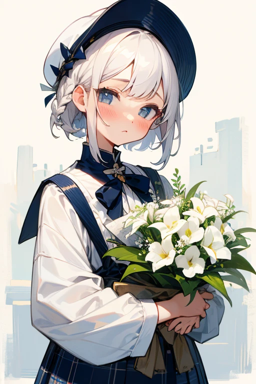 Short white hair, blush, Navy and white checked outfit、Braiding、Bouquet in hand、