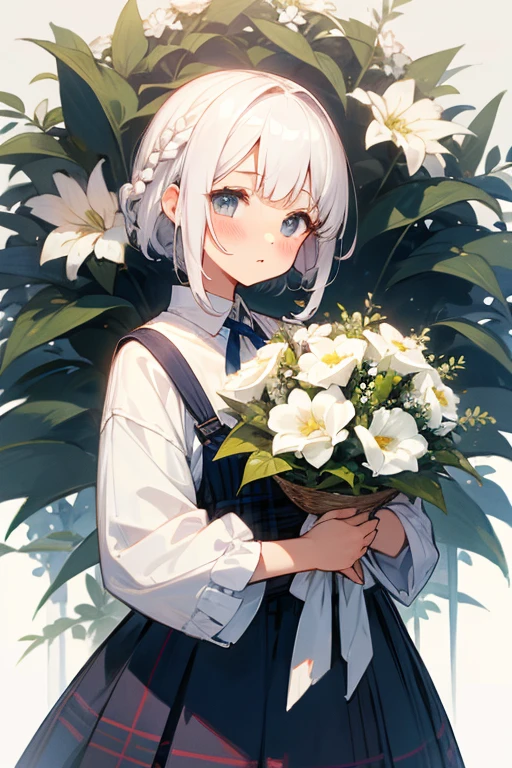 Short white hair, blush, Navy and white checked outfit、Braiding、Bouquet in hand、
