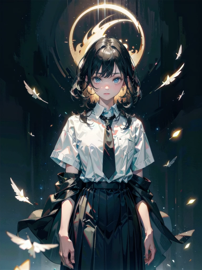 whole body, dark forest, hogwarts teacher, necktie, cloak, skirt, floresta Negra, absurdres, RAW photo, extremely delicate and beautiful, masterpiece, Best Quality, ultra high resolution, 32k, hyperrealistic, ultra-detailed, detailed description, pale skin, 20 years old, detailed beautiful face and eyes, tearful mole, earring, Colossal tits, short medium hair, wavy hair,