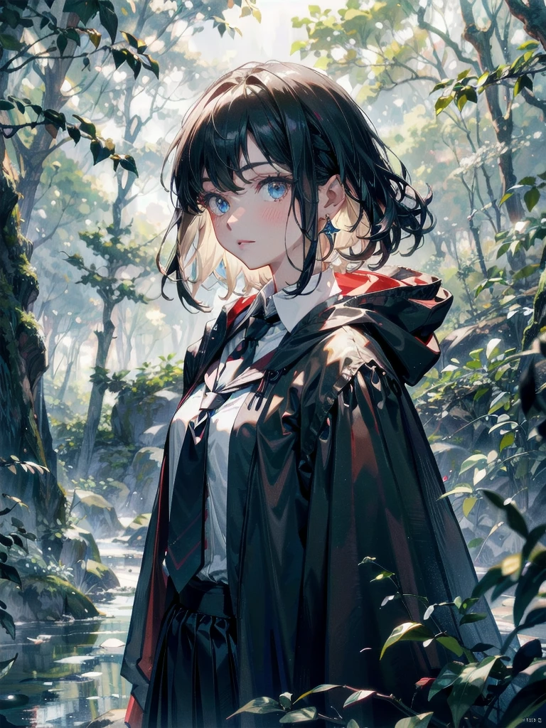whole body, dark forest, hogwarts teacher, necktie, cloak, skirt, floresta Negra, absurdres, RAW photo, extremely delicate and beautiful, masterpiece, Best Quality, ultra high resolution, 32k, hyperrealistic, ultra-detailed, detailed description, pale skin, 20 years old, detailed beautiful face and eyes, tearful mole, earring, Colossal tits, short medium hair, wavy hair,
