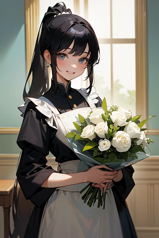 (Highest Resolution, clear_image) highest quality, Single person, One Woman, alone, masterpiece, Very detailed, Semi-realistic, Black Hairのショートヘア, Black Hair, bangs, 18-year-old, mature, light blue uniform, uniform, Indoor Background, kind, Authoritative, Powerful, exquisite features, exquisite features、Eyelashes become longer、Showing teeth、smile😀、Maid clothes、ponytail、Bouquet in hand、