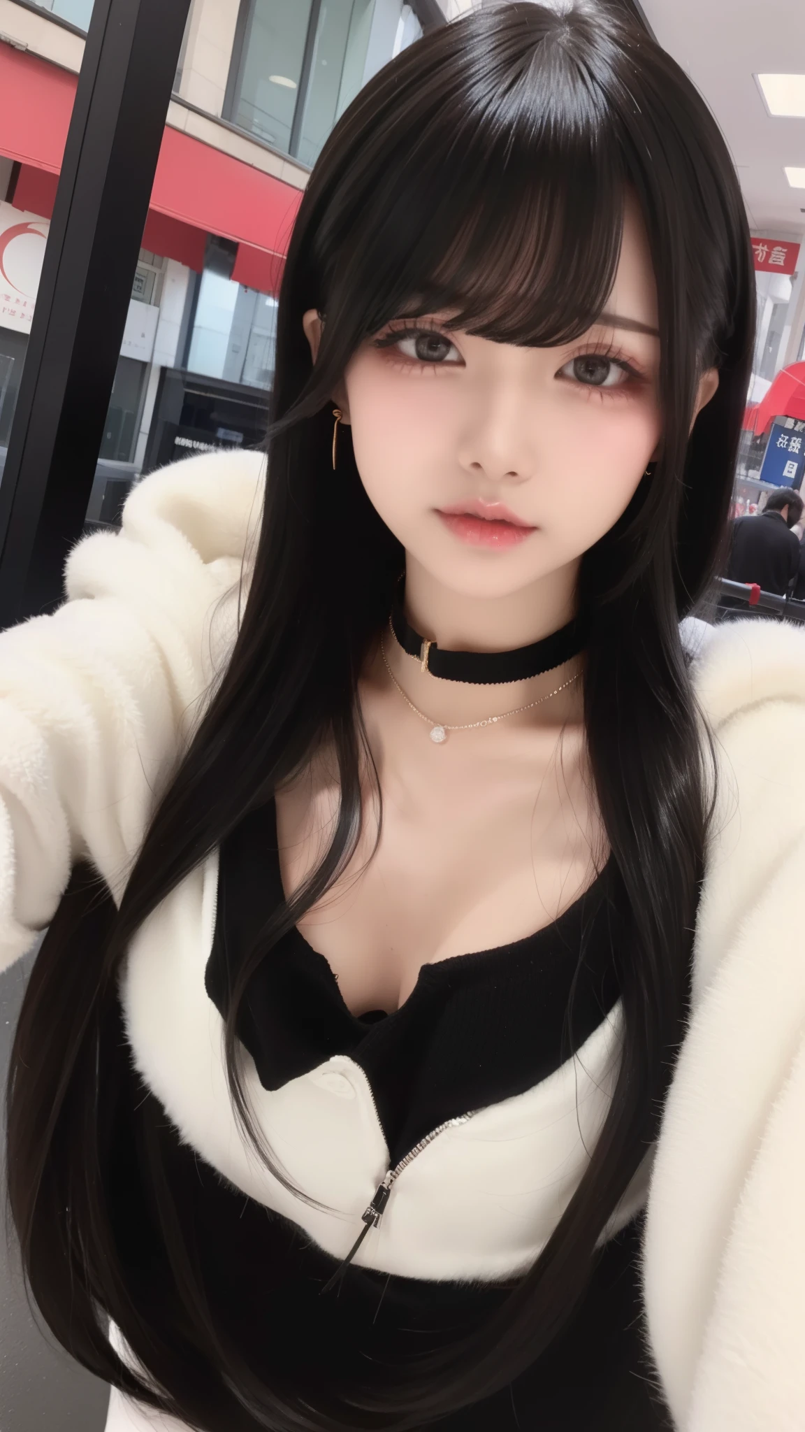 highest quality、8k、32k、masterpiece、Hmph:1.2)、One Girl、Long Hair Girl、Beautiful Japanese Women、Black-haired、Heavy bangs、Long sleeve shirt、Hair length、Fluffy white sweater、Accentuate your breasts、D Cup,choker、(((Big Breasts))), Red eyeliner、City of night、Street Corner、In front of the station、Alley