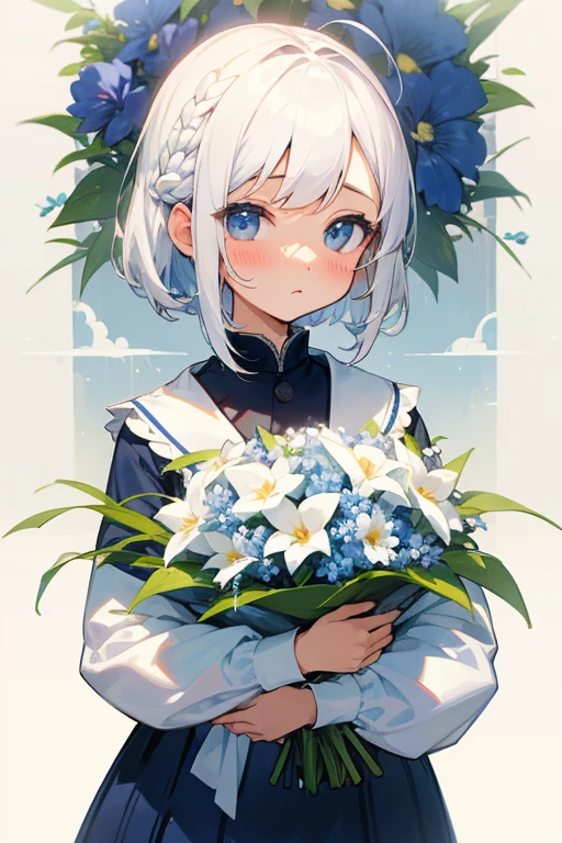 Short white hair, blush, Navy and white checked outfit、Braiding、Bouquet in hand、color々なcolorの花、