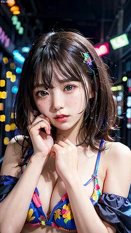 (close), Portraiture, Portraiture, (alone), masterpiece, highest quality, Clothes with strong contrast, psychedelic, [[[LSD]]], particle, bloom, Neon lighting, (Shine), Flat Color, Splashes of color, Mixing colors、Girl 1.2、Ultraing、Swimwear、Place your right hand over your mouth、Emphasize the chest、Hold both breasts with both hands 1.5、