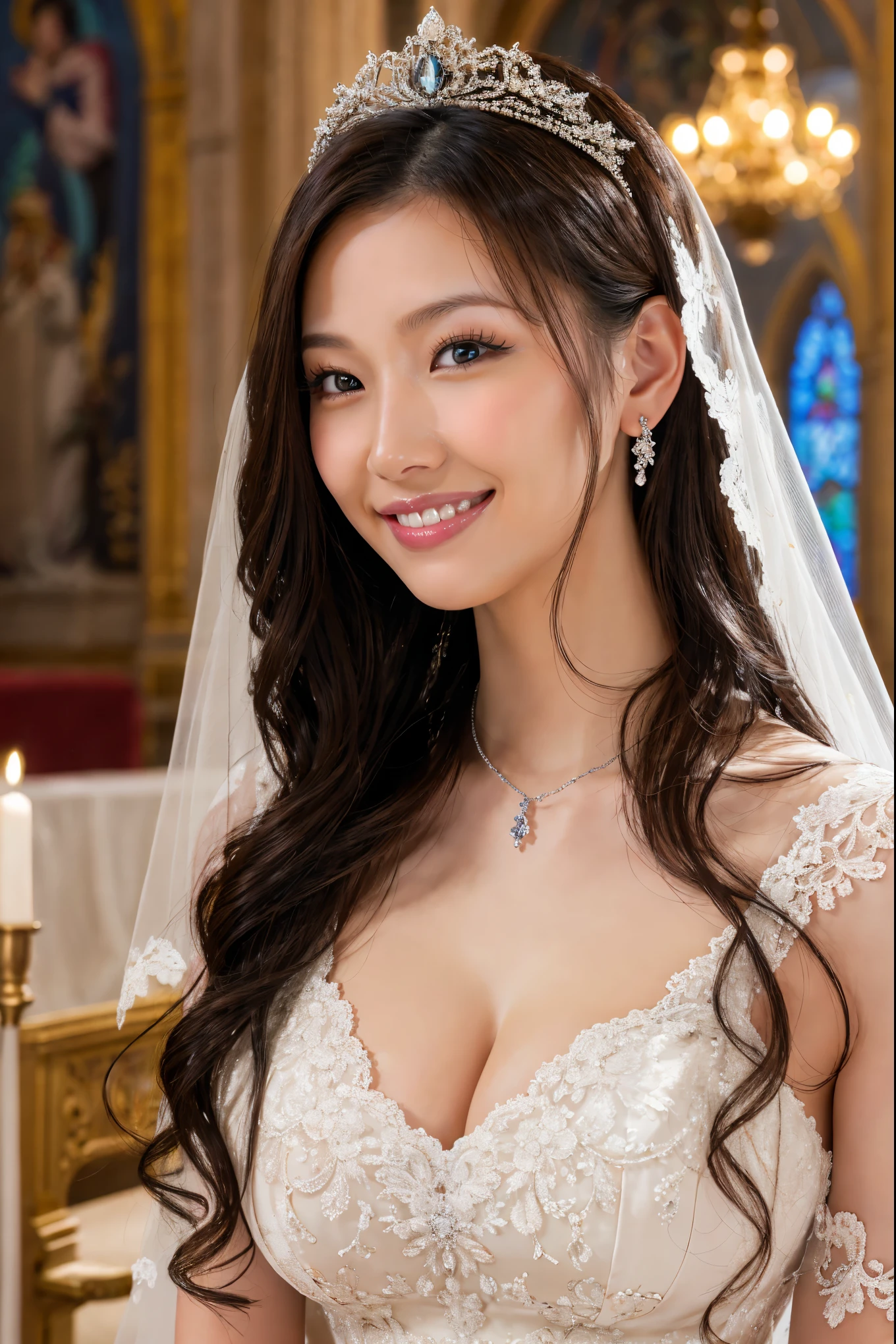 (highest quality、Tabletop、8k、Best image quality、Award-winning works)、One beautiful bride、(alone:1.1)、(The most extravagant and gorgeous huge wedding dresses:1.1)、(Perfect Wedding Lace:1.2)、(The most gorgeous and luxurious giant tiara:1.1)、(The most luxurious and extravagant giant necklace:1.1)、Look at me with your best smile、A large selection of the finest jewellery、Upper body photo、Perfect Makeup、Long eyelashes、Ultra HD Shining Eyes、Ultra HD Hair、Ultra High Resolution Glossy Lips、Ultra High Resolution Perfect Teeth、Beautiful face in ultra-high definition、(Accurate anatomy:1.1)、(Very bright and beautiful skin:1.2)、(very bright and vivid:1.2)、Perfect beautiful bridal hairstyles、A gorgeous and elegant church、Gorgeous and beautiful church、(Front facing body:1.1)、(The most romantic atmosphere:1.1)、(Strongly blurred background:1.1)、(Moody warm lighting:1.1)