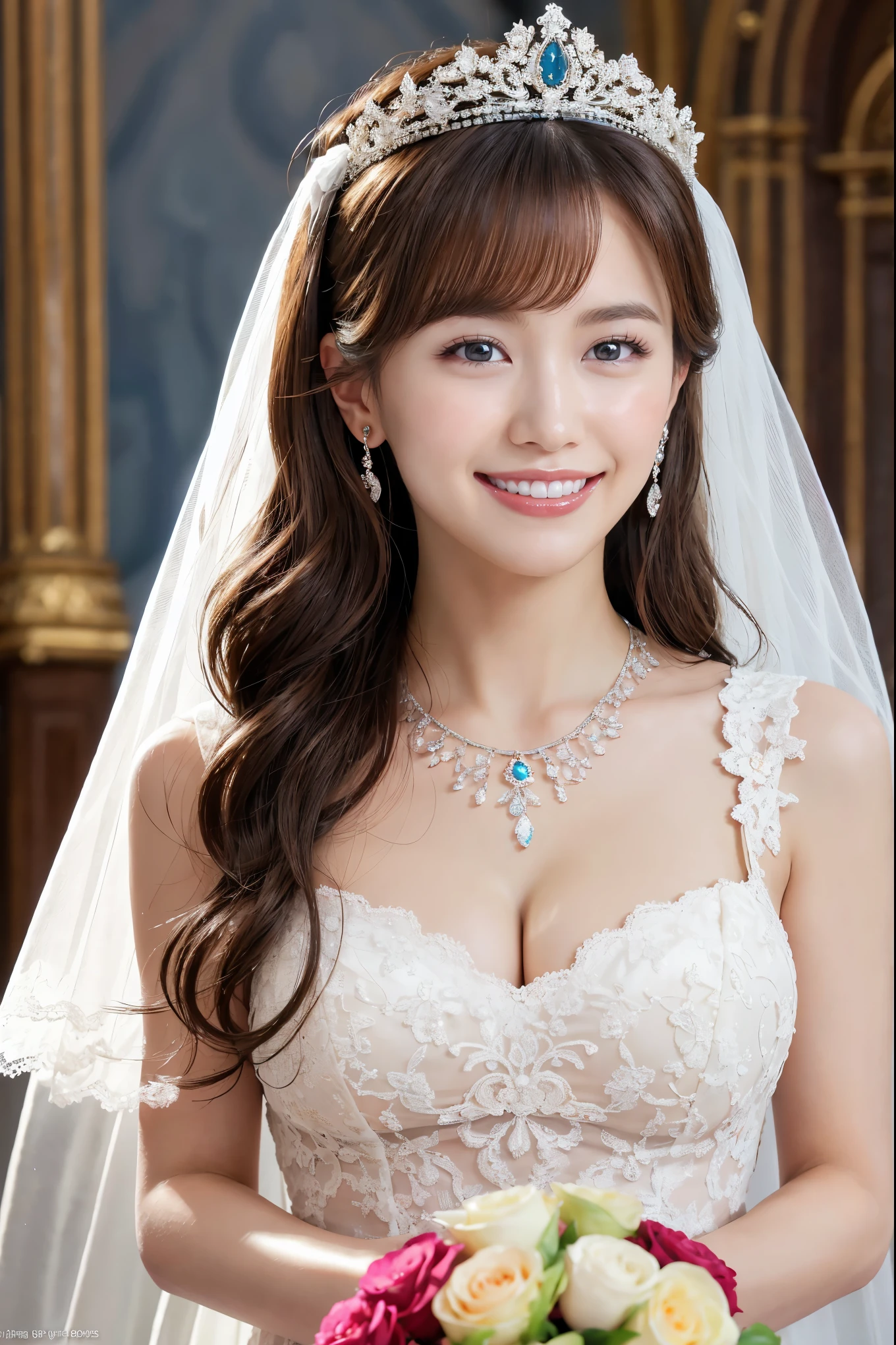 (highest quality、Tabletop、8k、Best image quality、Award-winning works)、One beautiful bride、(alone:1.1)、(The most extravagant and gorgeous huge wedding dresses:1.1)、(Perfect Wedding Lace:1.2)、(The most extravagant and luxurious giant tiara:1.1)、(The most extravagant and luxurious giant necklace:1.1)、The most beautiful smile is looking at me、A wide selection of the finest jewellery、(Bridal upper body photo:1.1)、Perfect Makeup、Long eyelashes、Ultra HD Shining Eyes、Ultra HD Hair、Ultra High Resolution Glossy Lips、Ultra High Resolution Perfect Teeth、Super high resolution beautiful face、(Accurate anatomy:1.1)、(Very bright and beautiful skin:1.2)、(very bright and vivid:1.2)、(Gorgeous wedding venue backdrop:1.1)