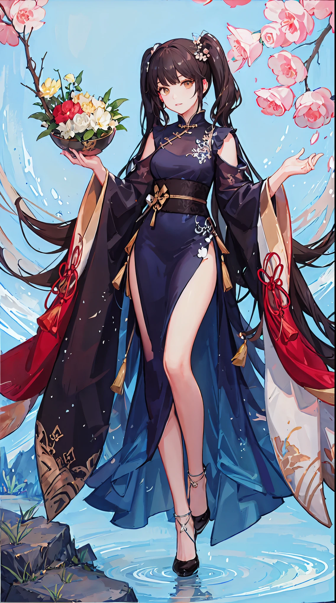 girl,full body,(detailed face:1.2), masterpiece, fashion,chinese dress,, medium hair, black hair, twintails, blunt bangs, brown eyes,