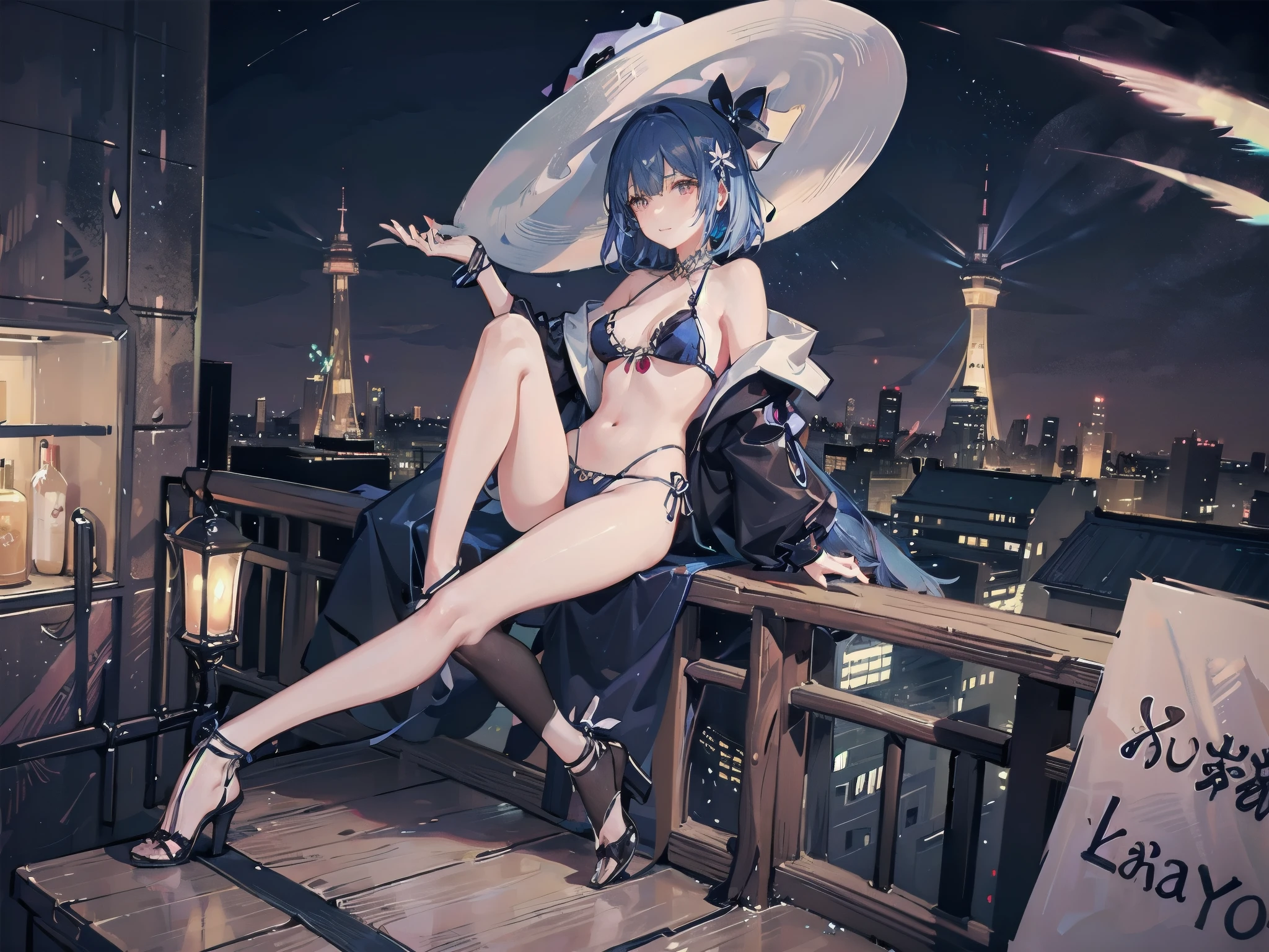 A girl stands on the rooftop of a high-rise building with a panoramic view of late-night Tokyo below.、She has a short bob with a white lob of hair and wears a large black witch hat with sapphire jewelry.、A high school student wearing a navy blue bikini-type swimsuit with a white ribbon、She wears a large witch's hat with a small sapphire accessory、A few star creams、Beautiful starry sky、Beautiful night view、large witch's hat 、Navy blue bikini pants that dig into your stomach、Small breasts、Small breasts、Navy blue swimsuit top with white frills、I see my stomach、The area around the stomach is bare skin.、Belly button、Halterneck bikini、She is wearing hot pants
