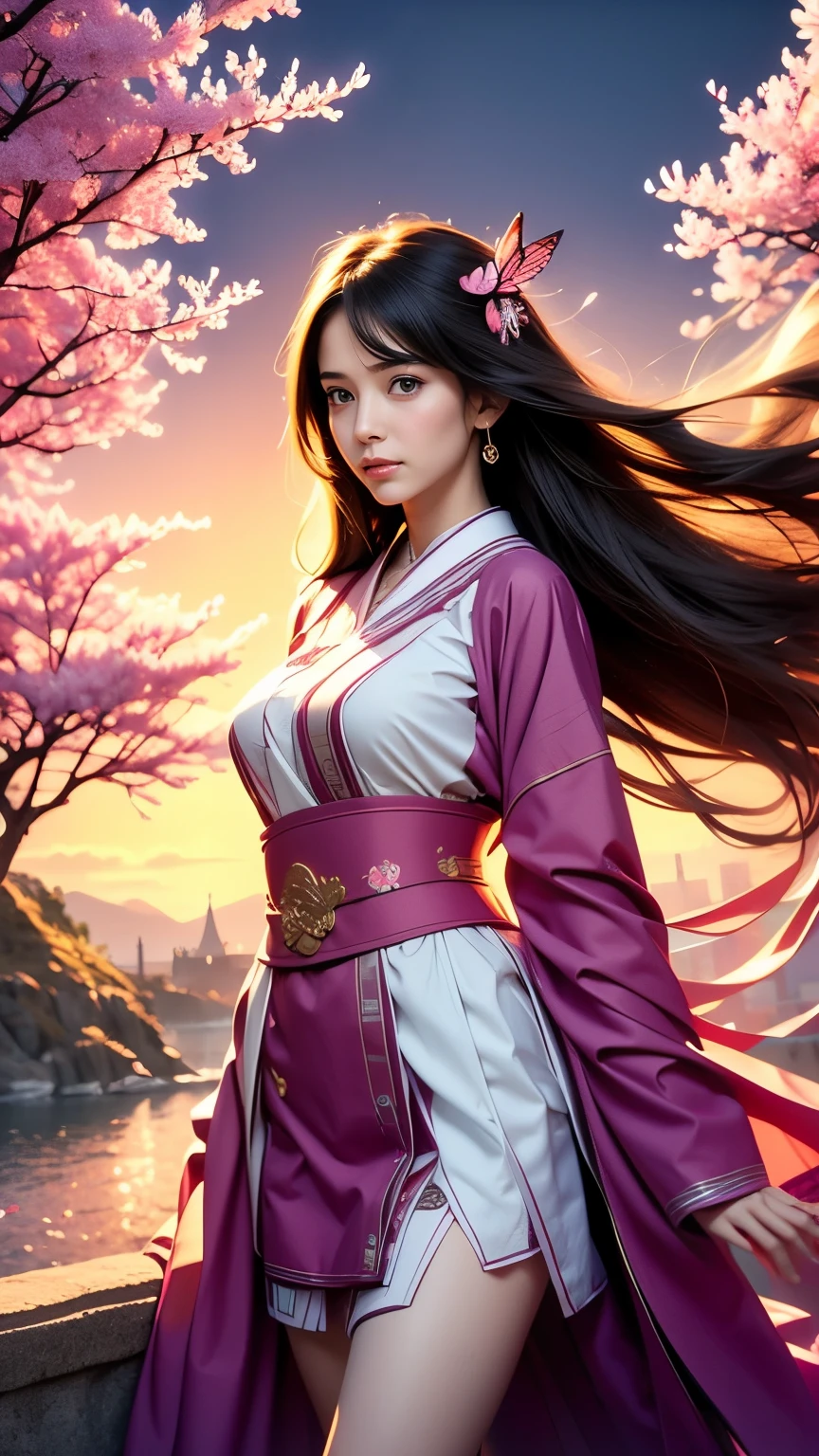 8k, Ultra HD, masterpiece, High-quality color, 1 girl, Perfect Face, Very long hairs, Fine grain, Simple clothing, Purple clothes, stockings, race, sardine, strip, Net clothing, loop, Bare waist, jewelry, Waterfront, Realistic landscape, Spectacular views, sunrise, evening, cloud, butterfly, Cherry Blossom, Blowing Wind, Perfect pose,