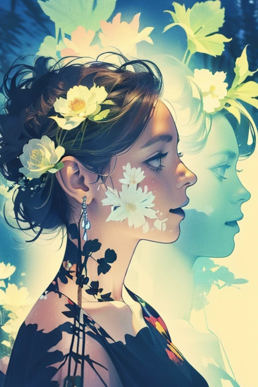 Realistic、((Super multiple exposure effect where the background can be seen through the clothes))、With a girl、Laughter、Background Flowers、wonderful、towards the night view,、create a line of light.