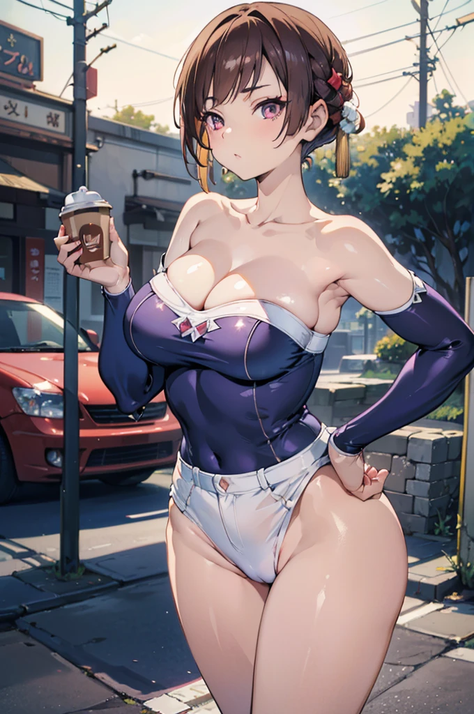 (masterpiece, Best Quality, ultra-detailed, high resolution, extremely detailed CG, official art, Professional Lighting, Perfect Anatomy, anime colors), (from below), looking at viewer, cowboy shot, perfect body, 24yo beautiful 1girl, medium hips, glamorous body,a small face,beautiful-makeup,Makeup light,Shortcut Hair,dark brown hair、Bust b Cup, Amazing Cleavage, thin waist, big ass, Raised sexy, big breast: 1.2 posed cleavage:1.2, (off shoulders,Sportsbra,legginullnude), micro denim shorts, bare legs, nail_polish, pale skin, Waiting friend, (morning:1.5), tokyo, (convenience store:1.3), outdoor, (depth of field:1.3), contrapposto, (Hold a coffee in your hand:1.3),delicate beautiful face, Bright magenta eyes, cute eyes, sparkling eyes, Big eyes, (big breasts:1.3), (perky chest:1.1), (pointed chest:1.3), looking at viewer,
