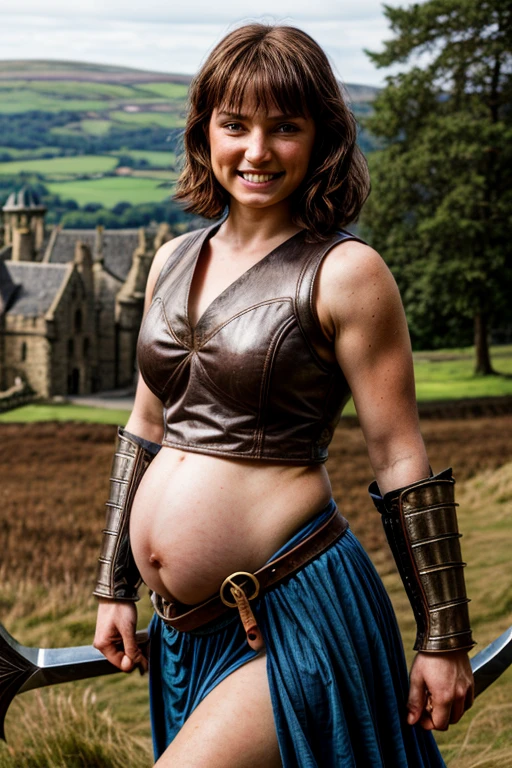 attractive medieval warrior woman, circa 1500s, inside castle on scotland countryside, short brown hair, blue eyes, midriff, pregnant belly, huge hips, biting teeth expression, blacksmith