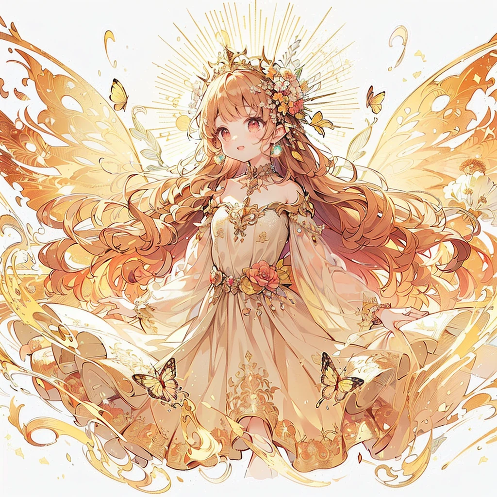 (Exquisite, beautiful, Very detailed, masterpiece, High resolution,high quality,High resolution),(Well-formed face,Soft and thin lines: 1.2, beautiful, Delicate and vivid illustrations with a mature and clear feel),(The motif is the sun, and a fairy princess with butterfly-like fairy wings is standing with flame flares around her body and the sun in the background.,), (sun, Flare),((Ultra Wide Shot, Ultra-wide angle of view,whole body)) ((fun, smile,Full of energy)), (Gold tiara, earrings, choker and anklet,), ((A red ball gown dress with a sun motif, Fairy wings from the back)), (Deep pink cheeks、Plump pink lips,Big Bus, Fair skin, Good style), (Sun&#39;s light, pastel colour, Bright atmosphere, colorful, Bright colors,Fantasy),