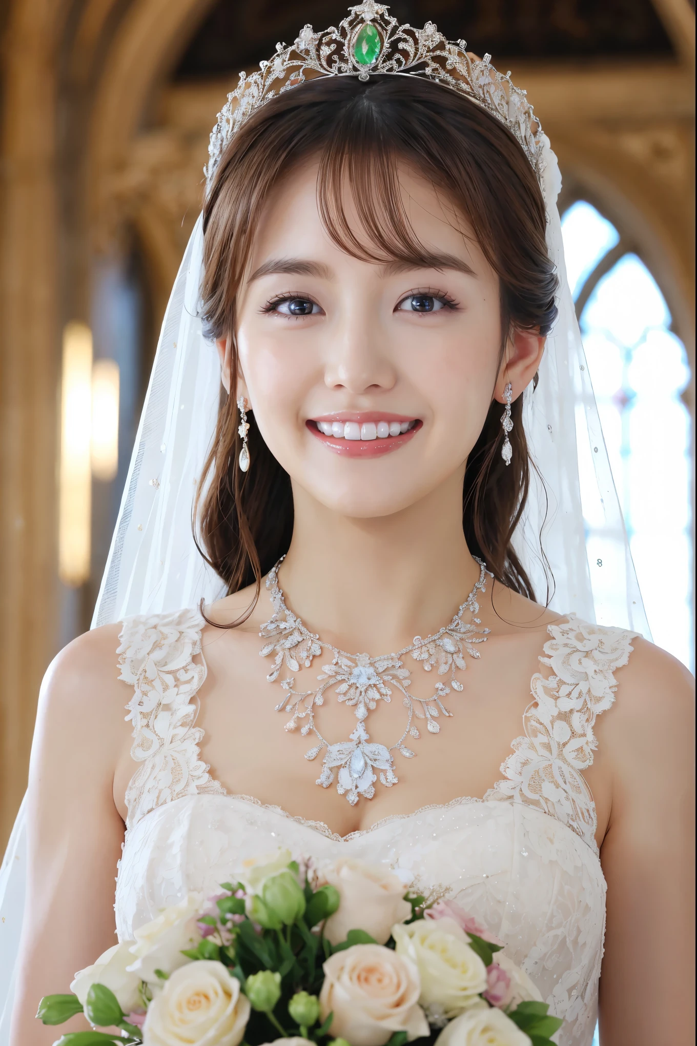 (highest quality、Tabletop、8k、Best image quality、Award-winning works)、One beautiful bride、(alone:1.1)、(The most extravagant and gorgeous huge wedding dresses:1.1)、(Perfect Wedding Lace:1.2)、(The most gorgeous and luxurious giant tiara:1.1)、(The most luxurious and extravagant giant necklace:1.1)、Look at me with your best smile、A large selection of the finest jewellery、Upper body photo、Perfect Makeup、Long eyelashes、Ultra HD Shining Eyes、Ultra HD Hair、Ultra High Resolution Glossy Lips、Ultra High Resolution Perfect Teeth、Beautiful face in ultra-high definition、(Accurate anatomy:1.1)、(Very bright and beautiful skin:1.2)、(very bright and vivid:1.2)、Perfect beautiful bridal hairstyles、A gorgeous and elegant church、Gorgeous and beautiful church、(Front facing body:1.1)、(The most romantic atmosphere:1.1)、(Strongly blurred background:1.1)、(Moody warm lighting:1.1)