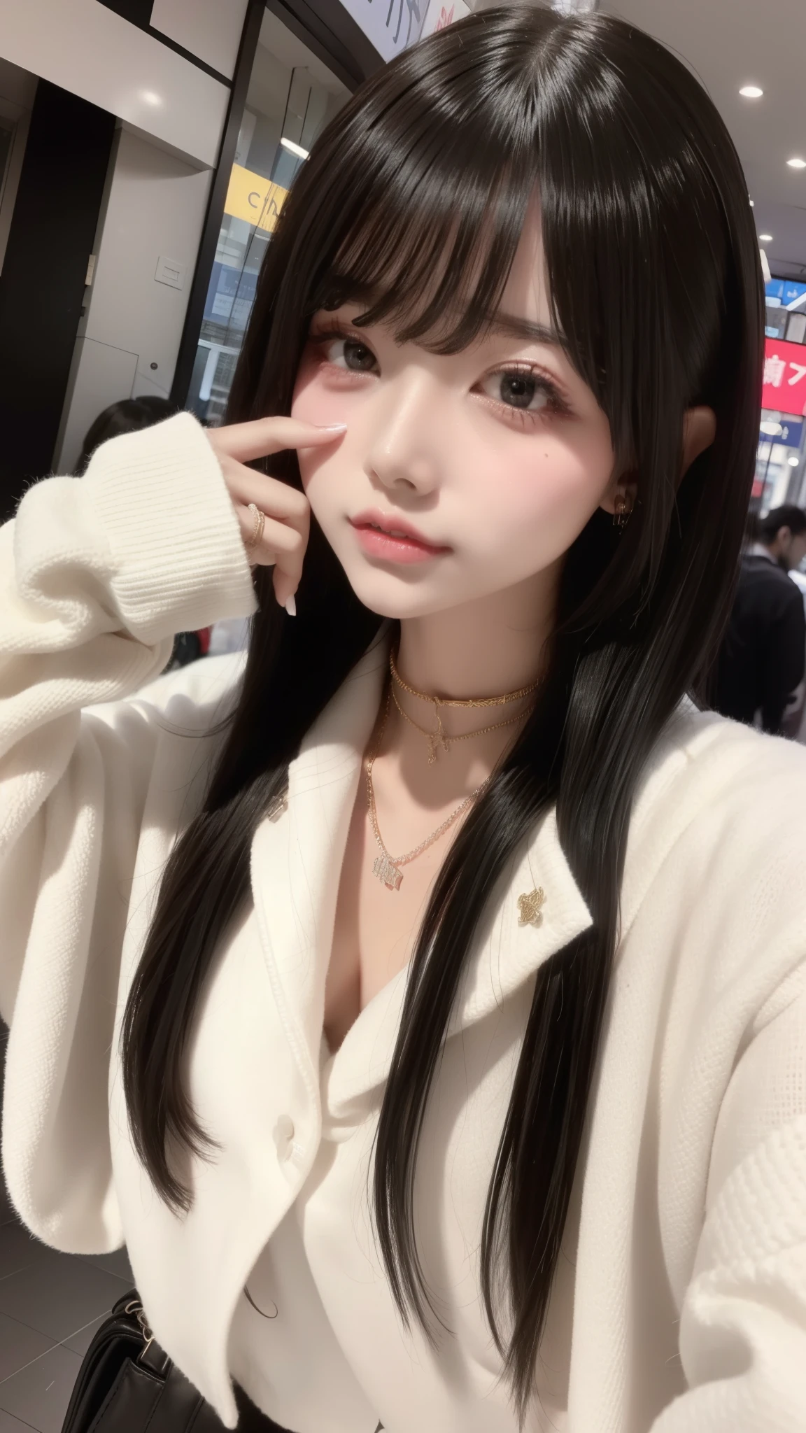 highest quality、8k、32k、masterpiece、Hmph:1.2)、One Girl、Long Hair Girl、Beautiful Japanese Women、Black-haired、Heavy bangs、Long sleeve shirt、Hair length、Fluffy white sweater、Accentuate your breasts、D Cup,choker、(((Big Breasts))), Red eyeliner、City of night、Street Corner、In front of the station、Alley