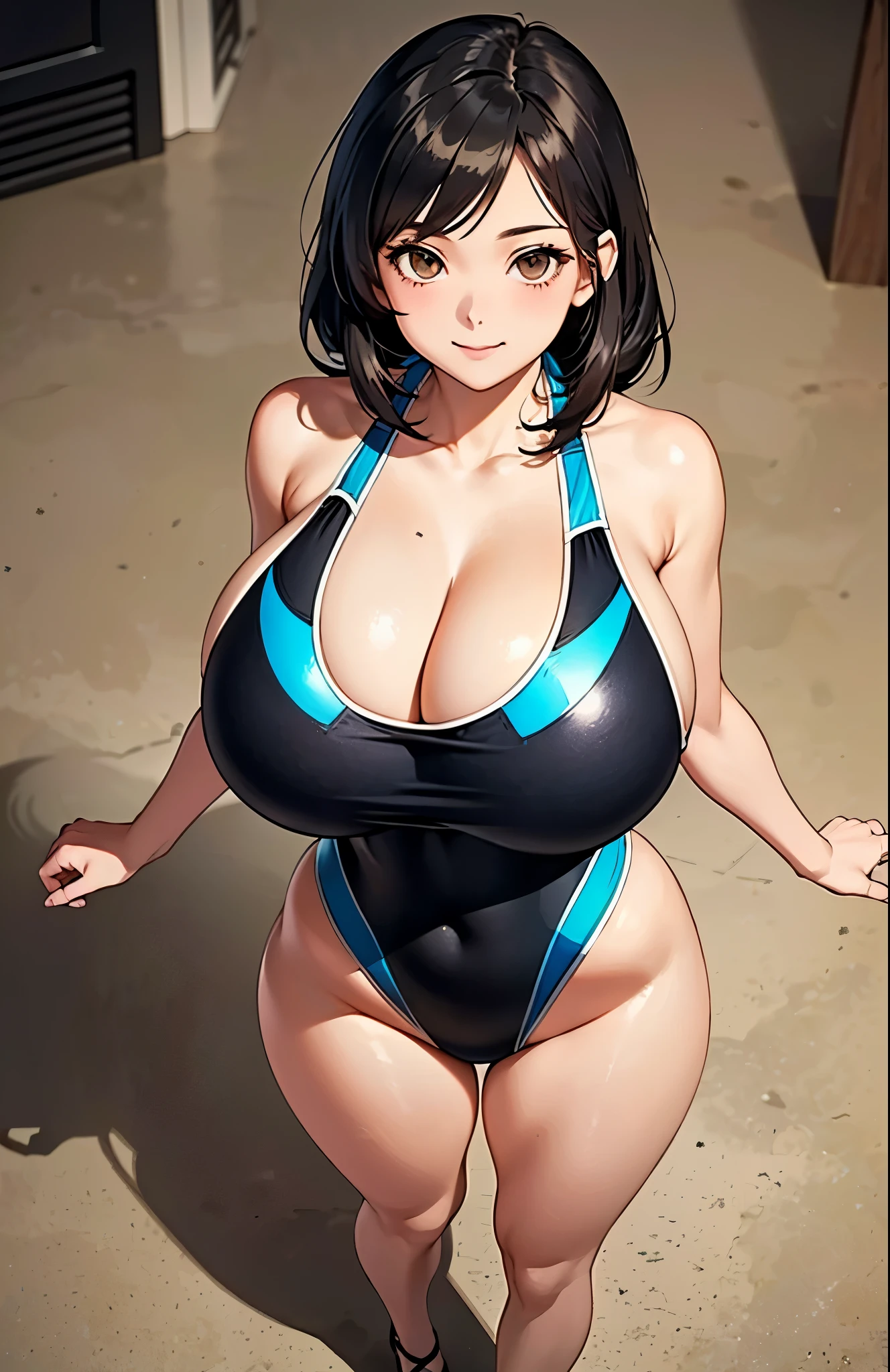 (beautiful detailed eyes:1.5),(ultra-detailed face:1.5),(living room:1.5),(From above:2.5),(((medium hair:1.3,black hair:1.5))),(brown eyes:2.0),(from directly above:1.5), (1 girl:2.0),(under breasts:2.0),(Smile Beam:1.5),((huge breasts:2.5)),(huge saggy breasts:2.5), ((cleavage:1.5)),((competition swimsuit:2.0)),((High leg:2.0), 20 years old,masterpiece,hyper quality, very detailed,perfect picture,3D,8k,High resolution,seductive anime girl, sporty hairstyle,Smooth anime CG art,