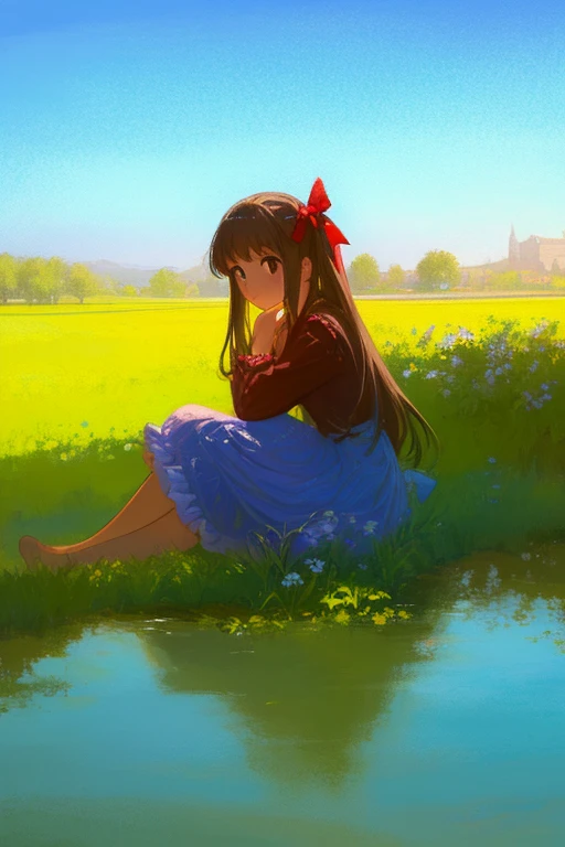 (girl oil Painting:1.2), Pastel tones, bright colors, light water color, deep texture, profound shadows, (layered frills skirts), masterpiece, gradient color, highly detailed, 4k, Digital media
BREAK
black background, 1girl, Sad pose, head tilted, solo, long hair, frizzy hair, blush, brown hair, long sleeves, dress, bow, hair bow, black eyes, sleeves past wrists, red bow, female focus                        BREAK                                                outdoor, Sky, French cityscape, oil painting of a lake, oil painting of trees, Yellow ground
BREAK
simple details, Adorable and gentle atmosphere, soft lines, Glazing, Scumbling, Highlights, Contrast, day light, green line, 3D rendering