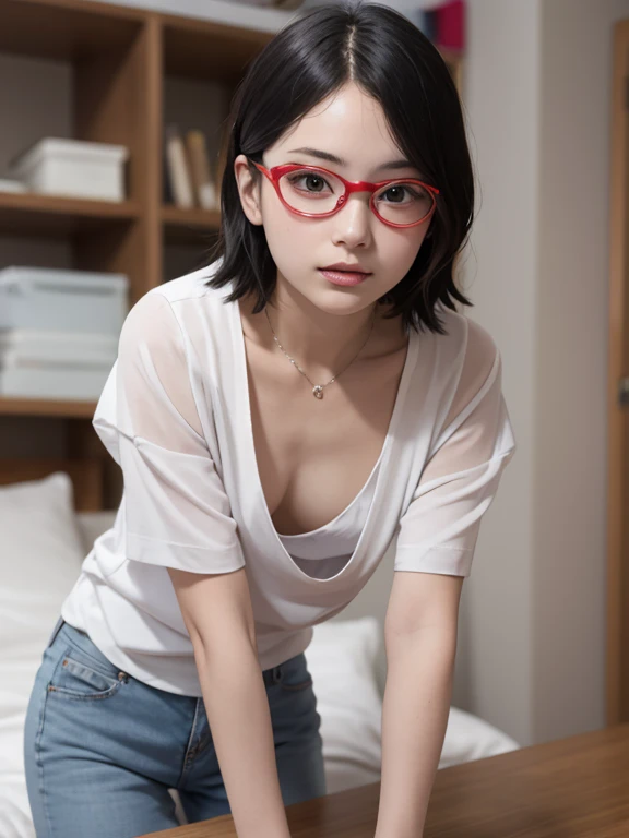 (masterpiece:1.2, highest quality), (Very detailed:1.3), One girl,short hair, Loose fitting T-shirt, Leaning forward, Medium chest,  Long down blouse,Red frame glasses、Young body、Tip of the chest、Young face