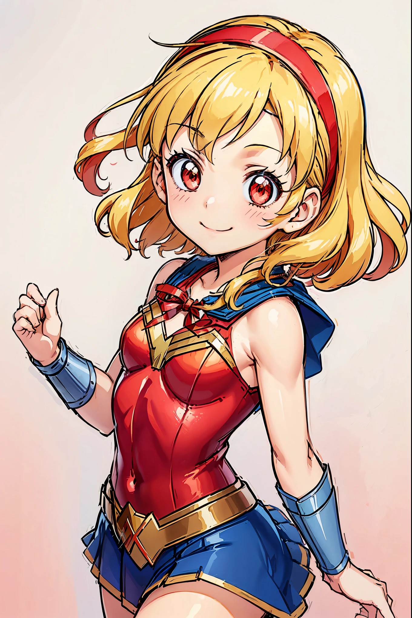 ,anime cg, highresolution, cute , smile, (RED Ribbon on HAIRband:1.2),Blonde hair,Wonder Woman, depicted in a simple drawing with a watercolor background. The drawing uses simple lines and flat color blocks with a cute expression 