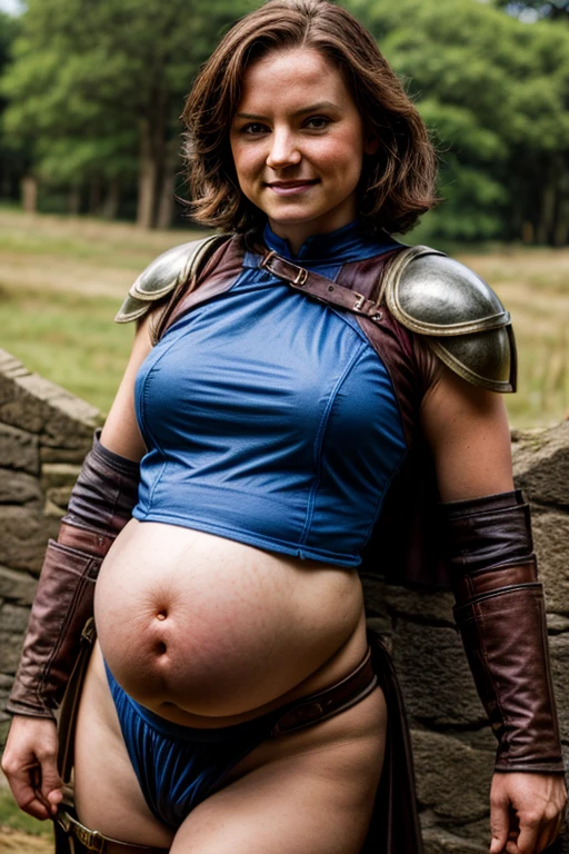attractive medieval warrior woman, circa 1500s, inside castle on scotland countryside, short brown hair, blue eyes, midriff, pregnant belly, huge hips, huge cleavage, biting teeth expression, blacksmith