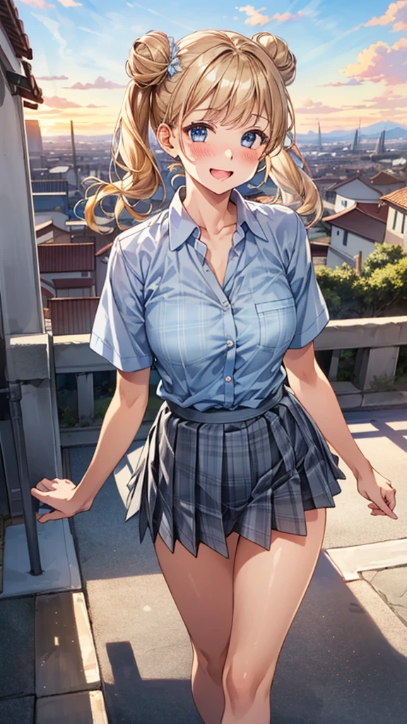 (masterpiece:1.3, highest quality, Ultra-high resolution, Very detailed), (Realistic:1.1, photoRealistic:1.4), Beautiful illustrations, Perfect lighting, colorful, Written boundary depth,
Beautiful detailsまでこだわった髪, Beautifully detailed face, Beautiful details, Beautiful clavicle, Beautiful body, Beautiful breasts, Beautiful thighs, Beautiful feet, Beautiful fingers,
View your viewers, 1 girl, Japanese, high school girl, Perfect Face, (Perfect Anatomy, Anatomically correct), Cute and symmetrical face, Baby Face, Sunburn, Shiny skin,
(Middle Hair:1.5, Twin tails:1.2, blonde), Asymmetrical bangs, blue eyes, Long eyelashes, (Medium Chest), thin,
((Collared short-sleeved shirt, Light blue shirt, , Grey plaid pleated skirt, To the Navy)), No pants, (Cum overflowing from the vagina),
(Beautiful views), evening, (Outdoor, distant cityscape), Are standing, (peace sign), (Cute Smile, Blushing、Upward glance, Open your mouth), (A beautiful pussy line like a bun)