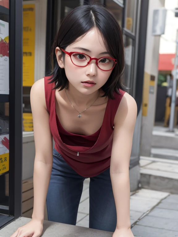 (masterpiece:1.2, highest quality), (Very detailed:1.3), One girl,short hair, Loose fitting T-shirt, Leaning forward, Medium chest, Long down blouse,Red frame glasses、Young body、Tip of the chest、Primary school students