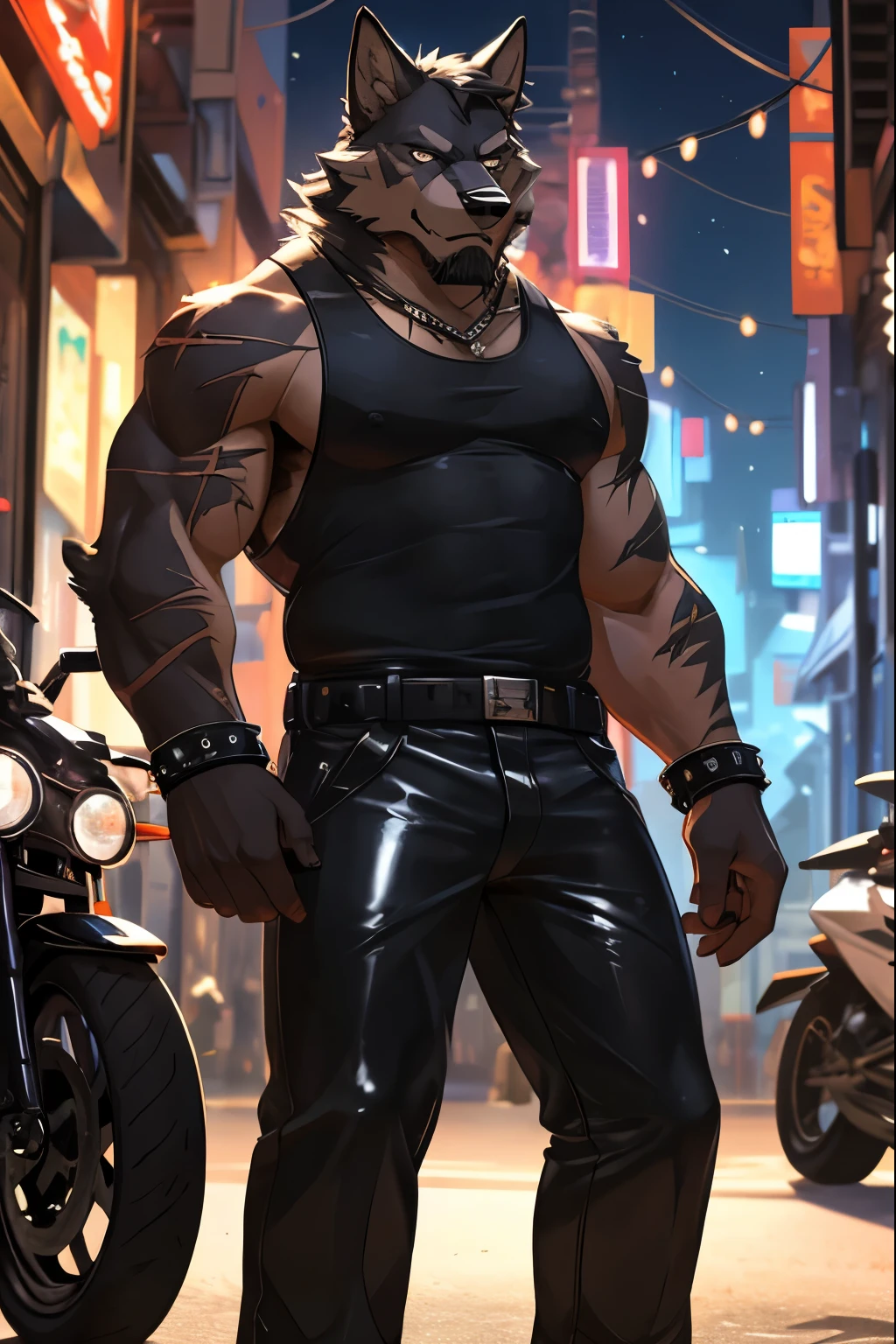 Masterpieces, furry, male, kinky, Anthropomorphic, full body, old age, rugged, black wolf, by nullghost, proper fit body type, Delicate eyes, white goatee, white fur, glistening body, biker, thug, ebony skin, depth of field, warm lighting, bright lighting, (best quality),(masterpiece),(ultra detailed), sharp focus, night city background, fierce look, evil grins, scars, glossy, oiled up skin, black trousers, tight latex tanktop