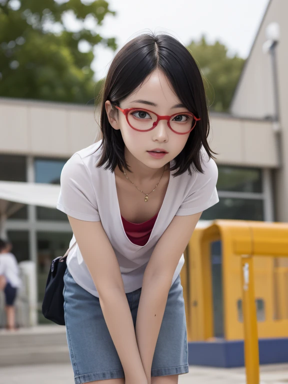 (masterpiece:1.2, highest quality), (Very detailed:1.3), One girl,short hair, Loose fitting T-shirt, Leaning forward, Medium chest,  Long down blouse,Red frame glasses、Young body、Tip of the chest、Primary school students