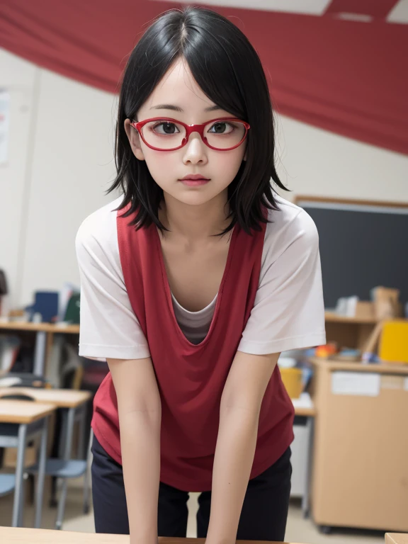 (masterpiece:1.2, highest quality), (Very detailed:1.3), One girl,short hair, Loose fitting T-shirt, Leaning forward, Medium chest, Long down blouse,Red frame glasses、Young body、Tip of the chest、Primary school students