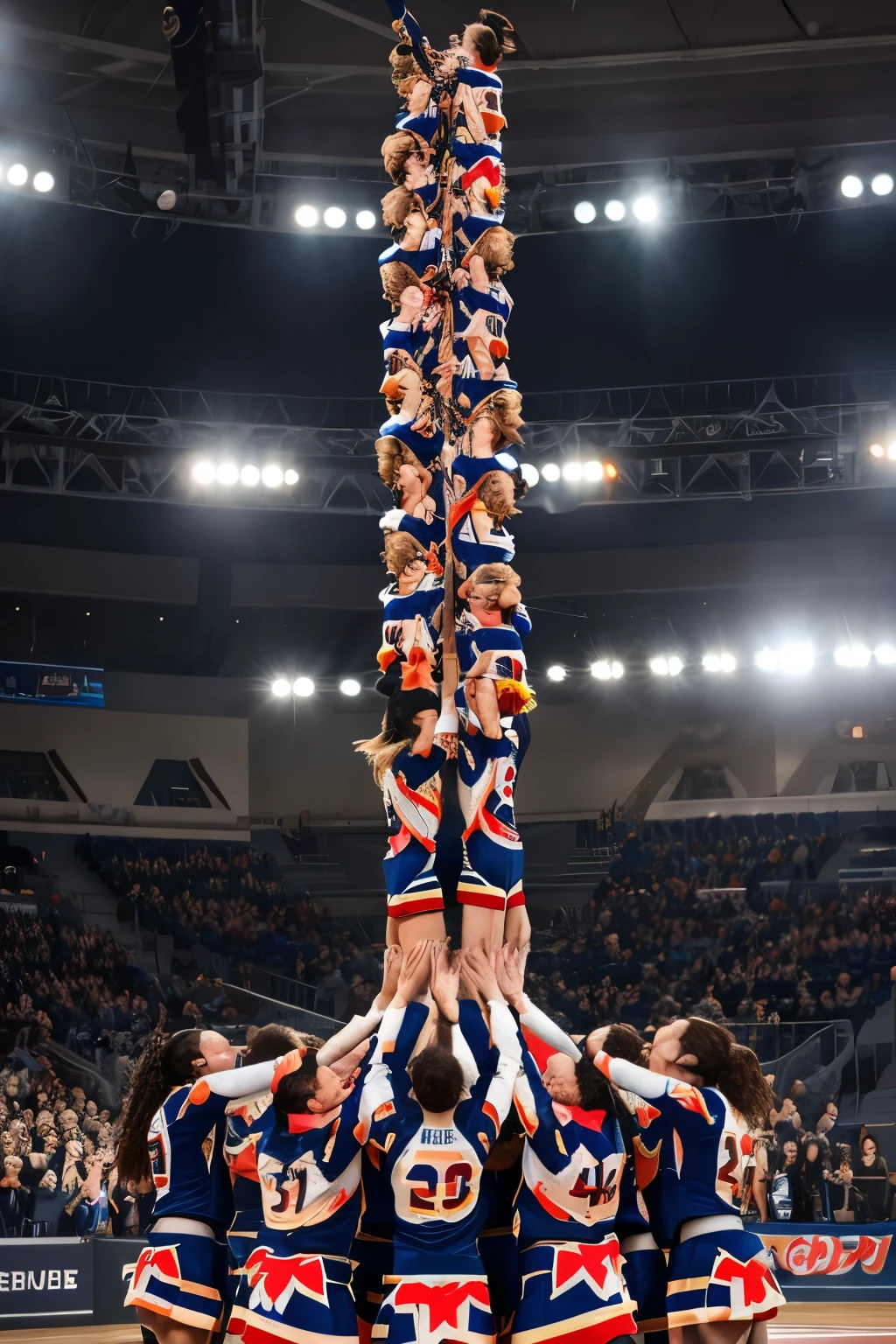 highest quality, masterpiece, Extremely Detailed skin texture, Extremely Detailed cloth texture, Extremely Detailed face, 8k, 10 Cute Girls, Girls only, Cheerleading, Cheerleading Stunt, Difficult and Amazing Stunt, Standing on each other's hands, Human pyramid, Human tower
