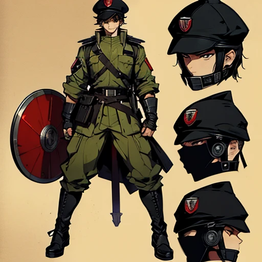 ((manga style,concept art)),young man with short black hair ,Soldier hat , cool faces, body Focus , Holding Shield