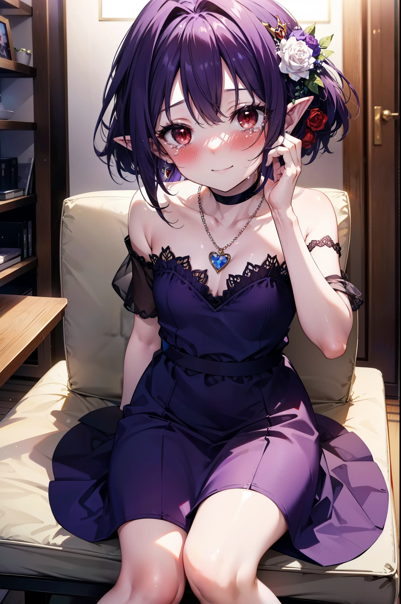 yuukikonno, Yuki Konno,Long Hair, tiara,Pointy Ears, Purple Hair, (Red eyes:1.5), (Small breasts:1.2), smile,Purple Dress,Purple long skirt,purple stiletto heels,No sleeve,Expose your shoulders,Bare arms,Bare neck,bare clavicle,She is sitting in a chair holding a large bouquet of flowers in both hands.,There is a big cake on the table,Heart Necklace,Tears stream down her face,Tears of joy,I cry a lot,whole bodyがイラストに入るように,
break indoors, Party Venue,
break looking at viewer, whole body,
break (masterpiece:1.2), highest quality, High resolution, unity 8k wallpaper, (shape:0.8), (Beautiful details:1.6), Highly detailed face, Perfect lighting, Highly detailed CG, (Perfect hands, Perfect Anatomy),