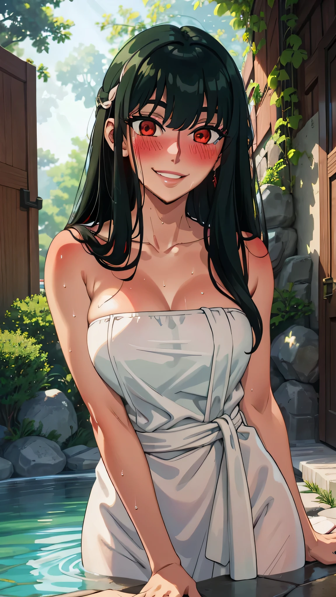 (melhor qualidade:1.3), (qualidade 4K), good composition, green glowing light, full body, head rest, lips, (pretty face, low-tied long hair, ((red_eyes:1.3)), (day:1.2),yor, Grinning smile) ,(((blush))))), mature woman,wet, , wearing towel, entrance, garden, upper body, hands to hips, , lying back on, upper body