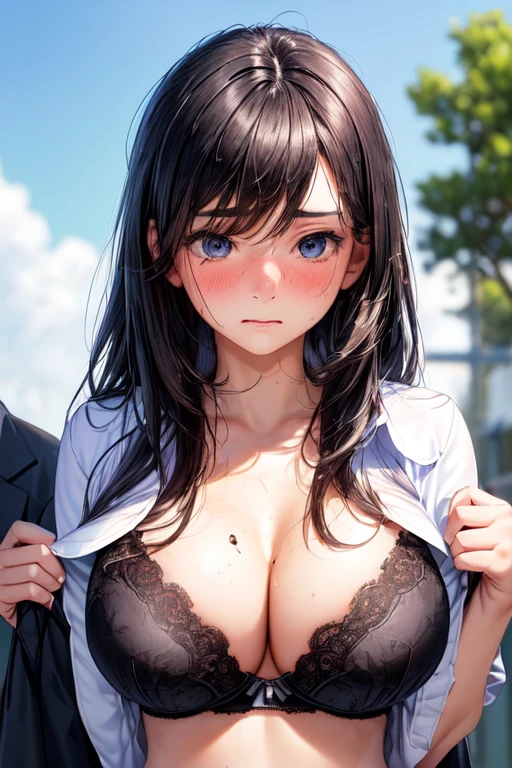 1 age girl,(head shot:1.6),(from front:1.5),(looking away:1.2),(embarrassed:1.2),{(black hair:1.2),medium hair,(straight hair:1.5),(hair between eyes:0.8)},(huge  breasts),break,{school uniform,short sleeve shirt},(undressing shirt by self:1.6),hand,(bra),(cleavage),(Fine eyes and skin:1.2),(Detailed facial features:1.2),(Perfect Style),(Beautiful Face),(outdoors)