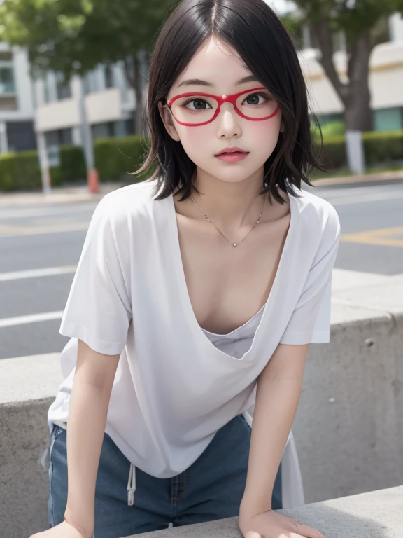 anime, black hair, short hair, black, glasses, Sarada, black eyes, skinny, nonsense, 1girl, small breasts, only, cleavage, open mouth, looking at viewer, smile, leaning forward, front, downblouse, blush , collarbone, low Equality, short hair, small breasts, heart, off shoulder, small breasts, :d, it's a cameltoe, cameltoe visible, same color as the shorts topless